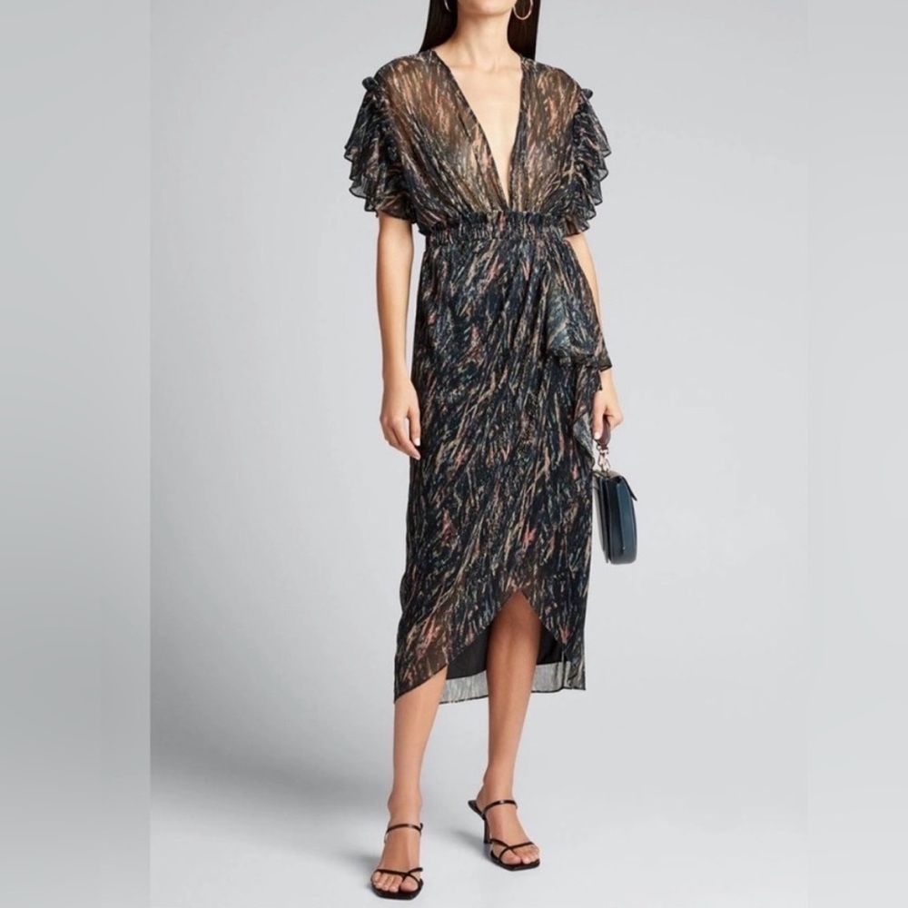 EUC IRO Gargas Wrap-effect Ruffled Printed lurex Sheer Midi Dress size EU40/USL